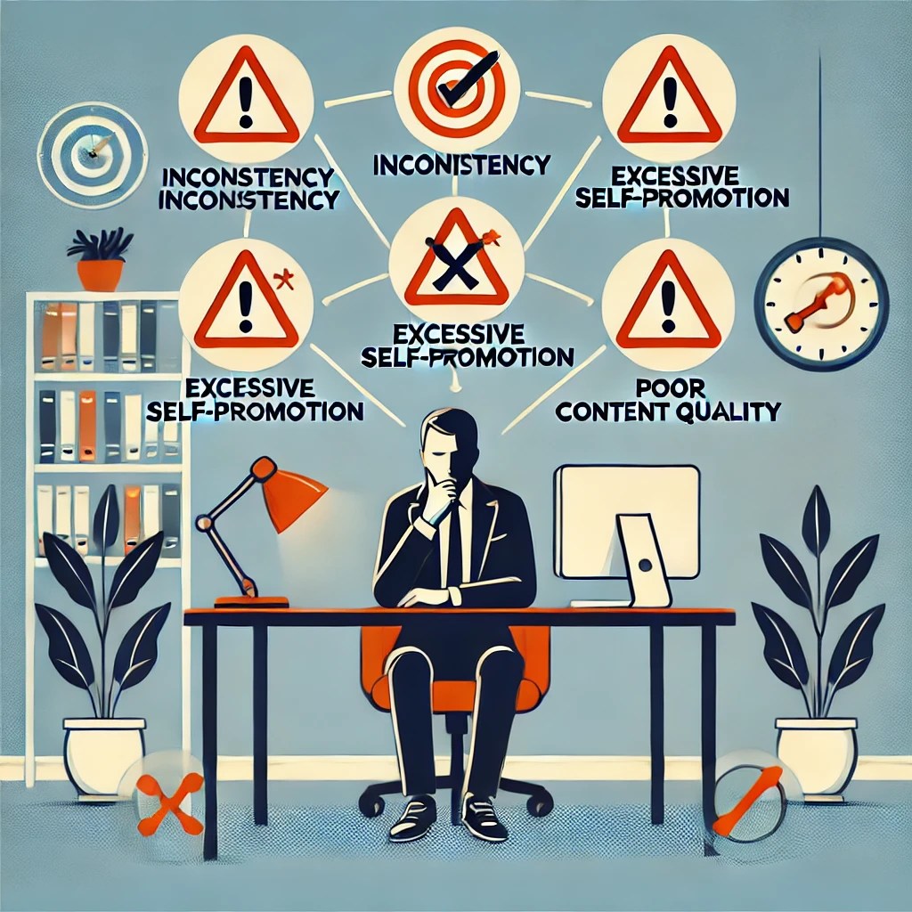 Profesional en su oficina reflexionando sobre errores comunes en la construcción de la marca personal, con elementos visuales que representan incoherencias, autopromoción excesiva y baja calidad del contenido en un estilo minimalista.